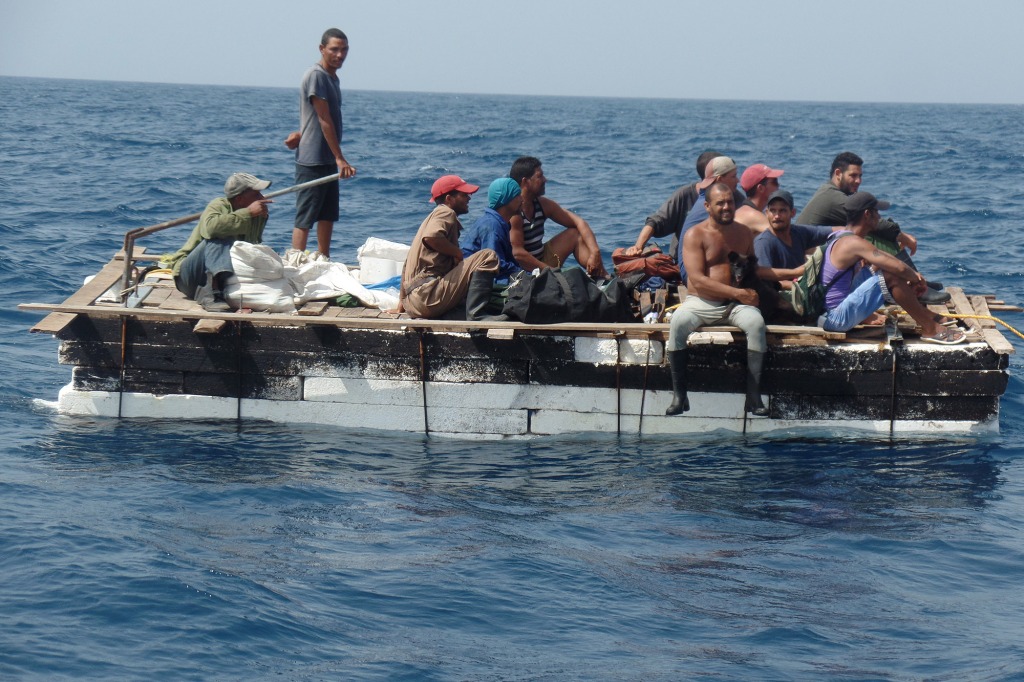 Cuban migrants are seen on a raft before being rescued by members of Mexico's Navy (SEMAR) in Progreso, in the state of Yucatan, in this July 5, 2015 handout photograph made available to Reuters by SEMAR on July 6, 2015.