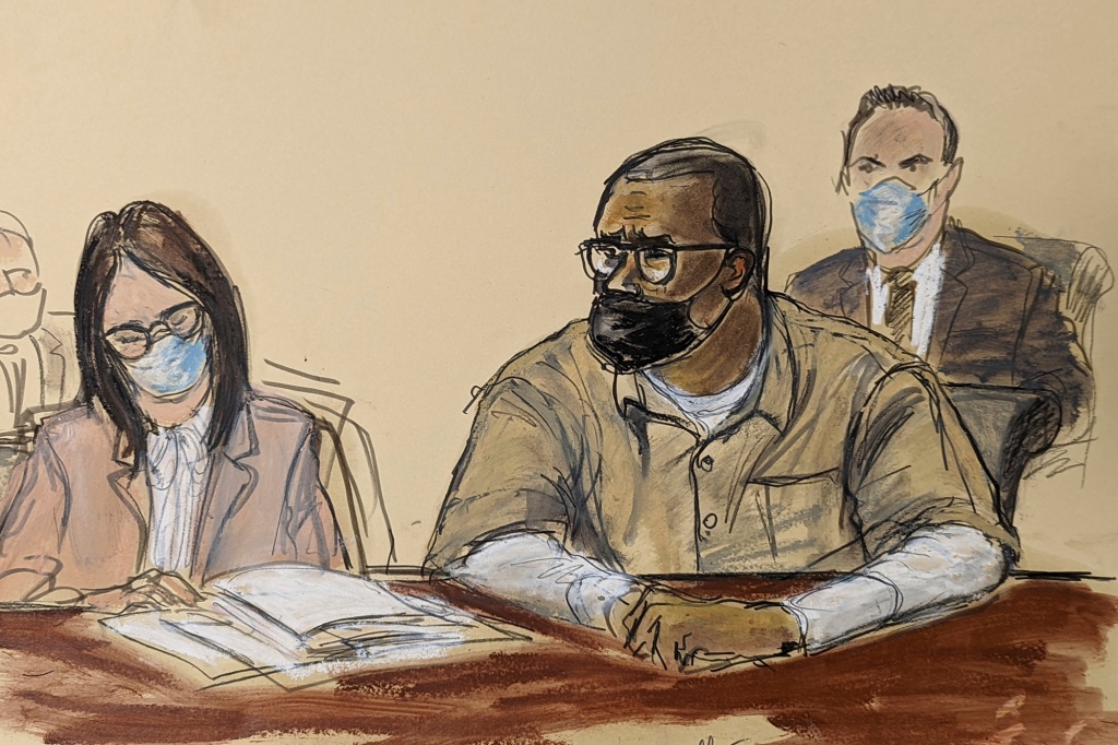 In this courtroom sketch, R. Kelly and his attorney Jennifer Bonjean, left, appear during his sentencing hearing in federal court, Wednesday, June 29, 2022, in New York. The former R&B superstar was convicted of racketeering and other crimes.