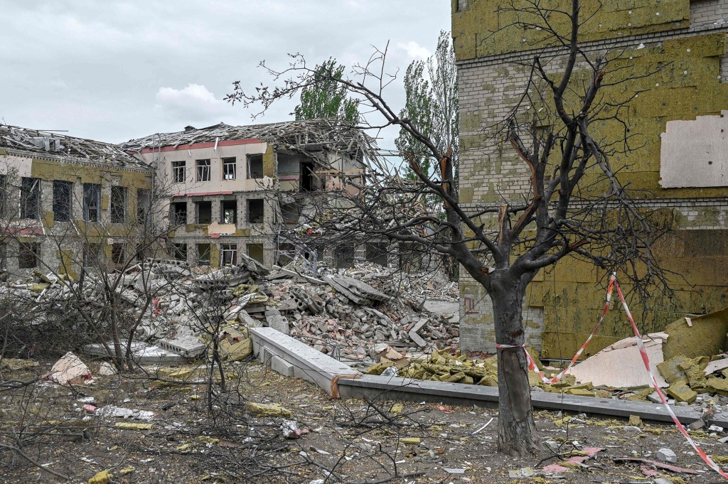 A view of the grounds and school destroyed in a rocket attack a few days ago outside of Kramatorsk in Donetsk region on July 25.