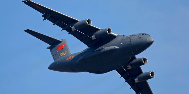 A Y-20 transport aircraft of the Chinese People's Liberation Army Air Force performs during the 12th China International Aviation and Aerospace Exhibition in Zhuhai city, southern China, Nov. 7, 2018. 