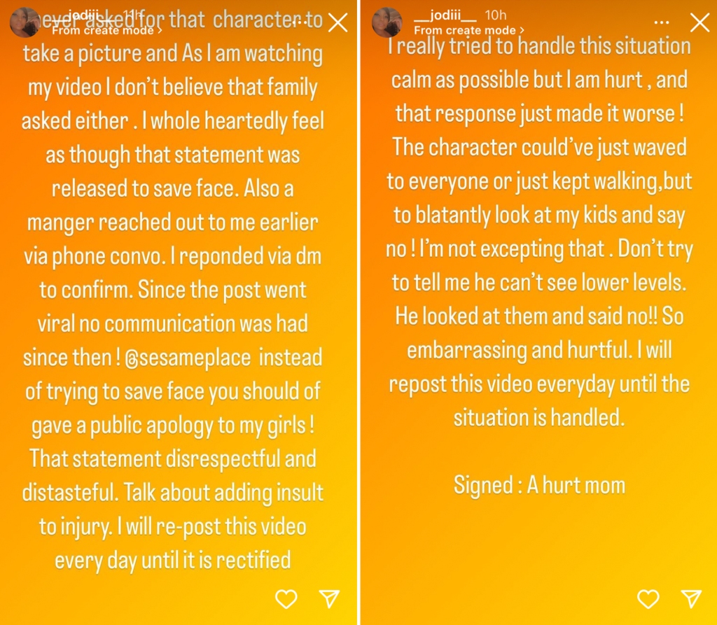 Jodi posted to her Instagram story claiming the park hasn't contacted her since the initial interaction.