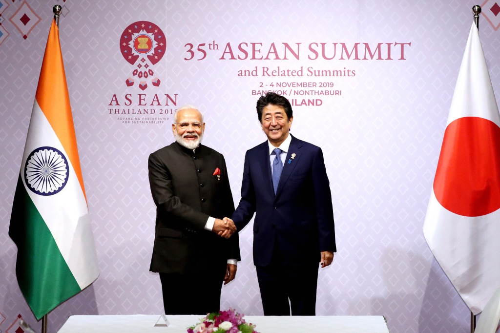 Indian Prime Minister Narendra Modi pictured with Abe in 2019. Modi called him a "dear friend."