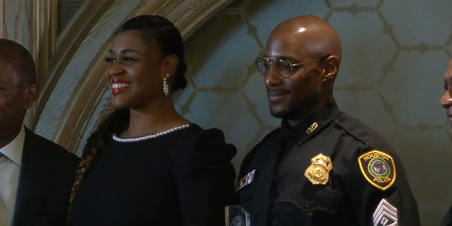 Houston Police Sgt. Kendrick Simpo was recognized for thwarting a potential shooting. 