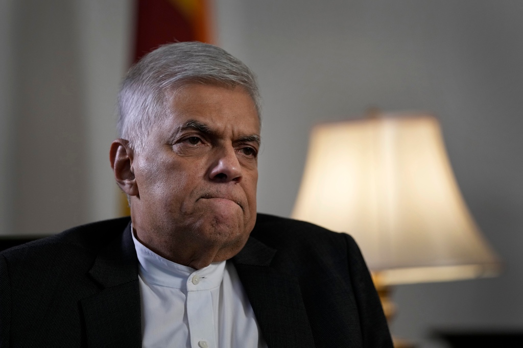 Sri Lanka's new prime minister Ranil Wickremesinghe gestures during an interview with The Associated Press in Colombo, Sri Lanka, June 11, 2022.