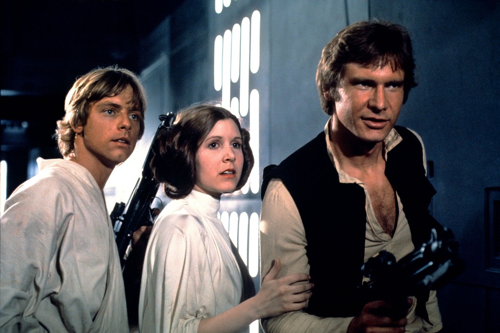 Luke Skywalker (Mark Hamill), Princess Leia (Carrie Fisher) and Han Solo (Harrison Ford) in "Star Wars." 