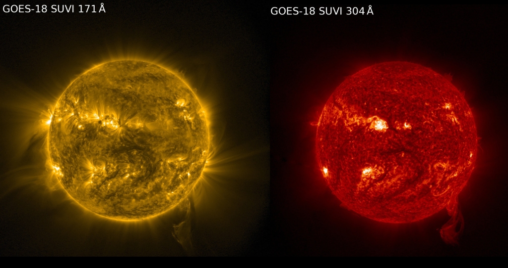 The GOES-18 SUVI observes the sun in six X-ray and extreme-ultraviolet (EUV) channels.