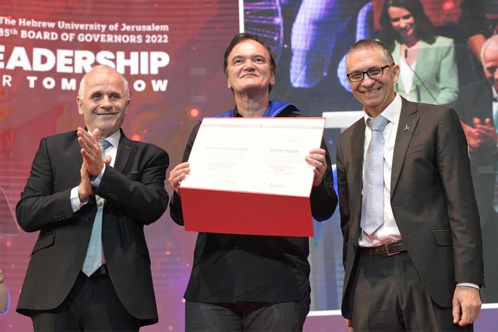 Last month, Tarantino received an honorary degree from the prestigious Hebrew University of Jerusalem, in recognition of both his impressive career and for making Israel his new home.  