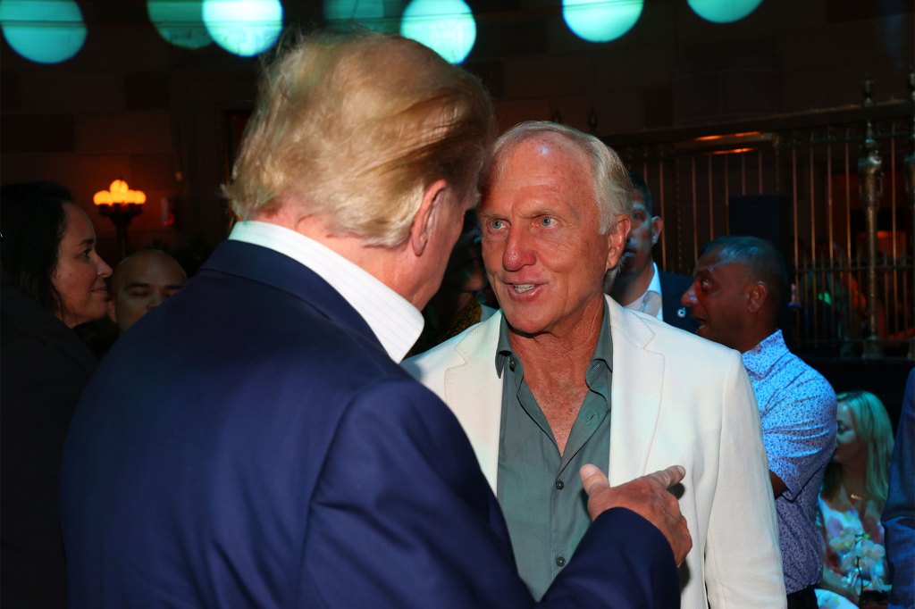NEW YORK, NEW YORK - JULY 27: Former U.S. President Donald Trump and Greg Norman, CEO and commissioner of LIV Golf, speak during the welcome party for the LIV Golf Invitational - Bedminster at Gotham Hall on July 27, 2022 in New York, New York. (Photo by Chris Trotman/LIV Golf via Getty Images)