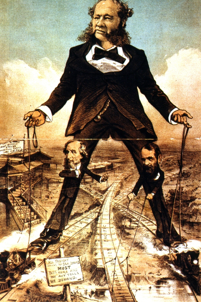 William Henry Vanderbilt, who greatly extended his father's railroad interests, standing as a Colossus, puppet-master over the American railroad. The smaller figures are Jay Gould and Cyrus W Field.