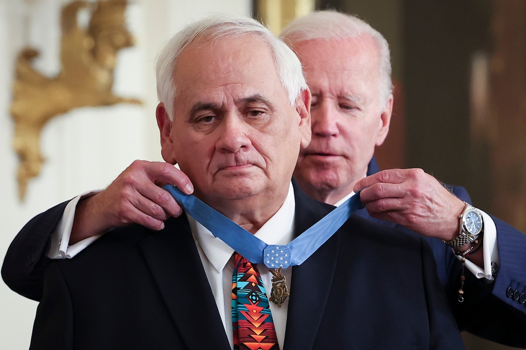 President Joe Biden awards the Medal of Honor to Army Specialist 5 Dwight W. Birdwell.