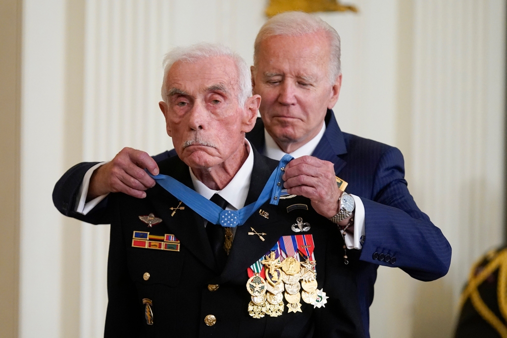 President Joe Biden awards the Medal of Honor to retired Maj. John Duffy.