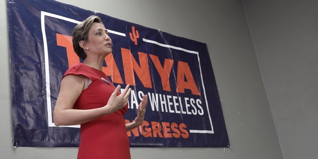 Tanya Contreras Wheeless, a Republican running in the primary for Arizona's 4th District, gives a short speech.