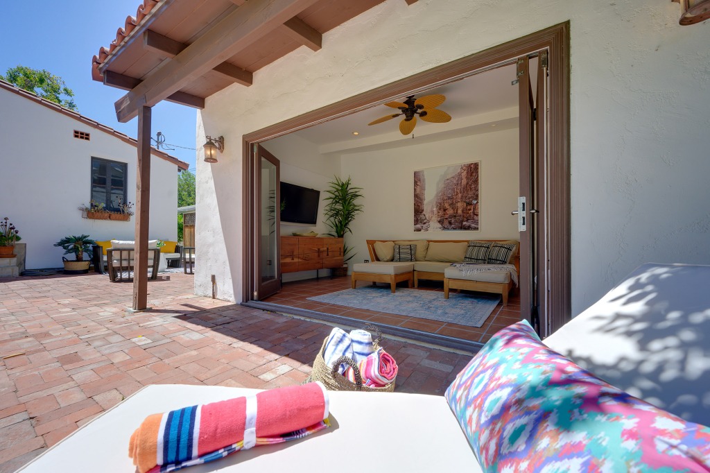 The detached garage was converted into a pool house.