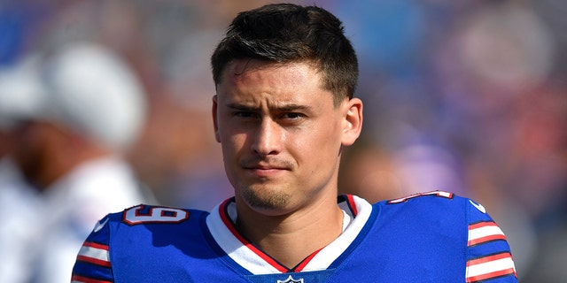 Buffalo Bills punter Matt Araiza walks on the sideline during the Indianapolis Colts game in Orchard Park, New York, on Aug. 13, 2022.