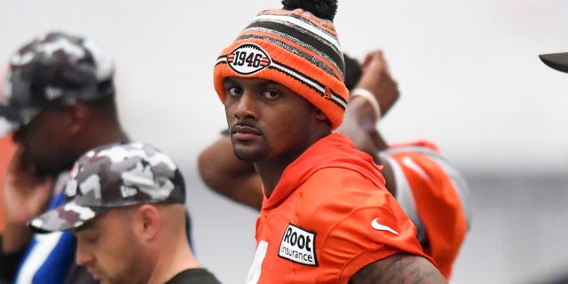 Deshaun Watson #4 of the Cleveland Browns looks on during Cleveland Browns training camp at CrossCountry Mortgage Campus on July 27, 2022 in Berea, Ohio.