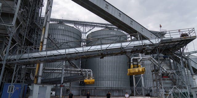 Security personnel stand in front of a grain storage terminal at the Odesa Sea Port, in Odesa, Ukraine, Friday, July 29, 2022.