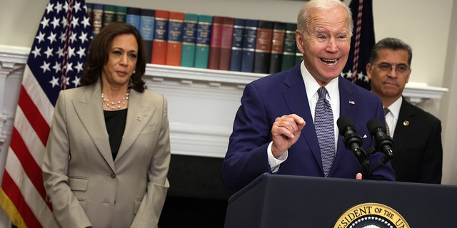 President Joe Biden delivers remarks on reproductive rights as Vice President Kamala Harris and Secretary of Health and Human Services Xavier Becerra listen at the White House on July 8, 2022.