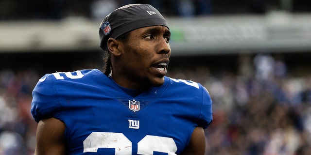 Adoree' Jackson of the New York Giants reacts after a play during the fourth quarter against the Las Vegas Raiders at MetLife Stadium, Nov. 7, 2021, in East Rutherford, New Jersey.