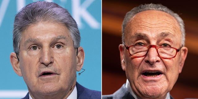 Sen. Joe Manchin, a Democrat from West Virginia, left (F. Carter Smith/Bloomberg via Getty Images); Senate Majority Leader Chuck Schumer, D-N.Y. (Kent Nishimura / Los Angeles Times via Getty Images)