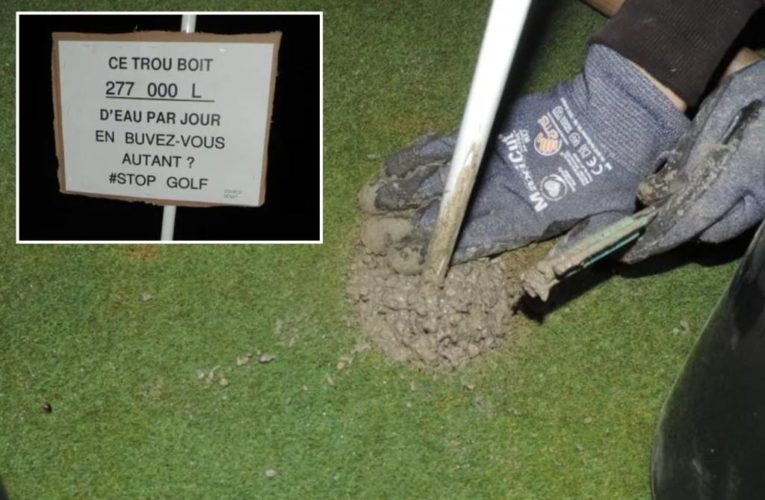 French activists fill golf holes with cement during drought