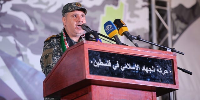 Tayseer Jabari speaking to supporters of Islamic Jihad, during a ceremony in Gaza City, Gaza, November 12, 2021. Jabari was killed in an operation by the IDF during this month's hostilities.