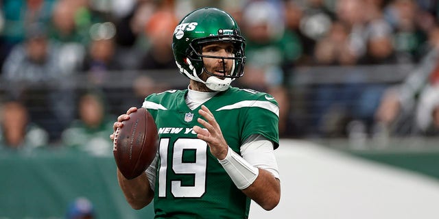 New York Jets quarterback Joe Flacco (19) passes against the Miami Dolphins during a game Nov. 21, 2021, in East Rutherford, N.J. 