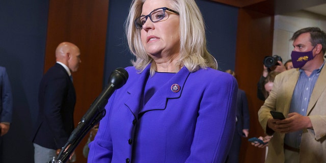 Rep. Liz Cheney, R-Wyo., speaks to reporters after House Republicans voted to oust her from her leadership post as chair of the House Republican Conference, at the Capitol in Washington on May 12, 2021.