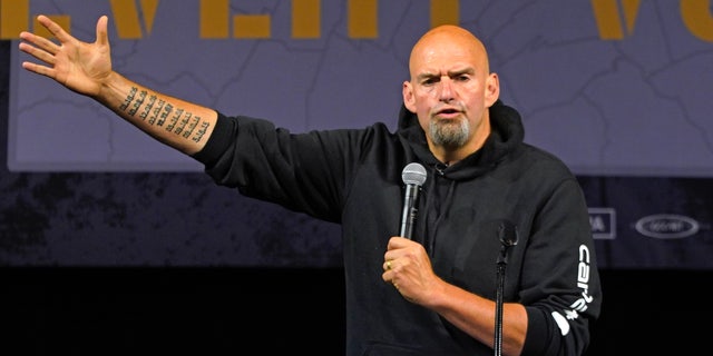 Pennsylvania Lt. Gov. John Fetterman, the Democratic nominee for the state's U.S. Senate seat, speaks during a rally in Erie, Pa., Friday, Aug. 12, 2022. 