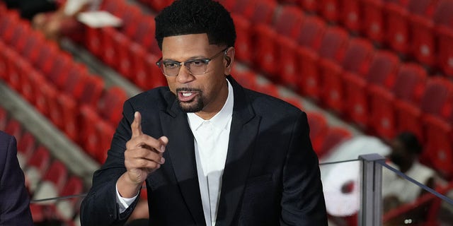 ESPN Analyst Jalen Rose speaks before Game 7 of the 2022 NBA Eastern Conference finals May 29, 2022, at FTX Arena in Miami, Fla. 