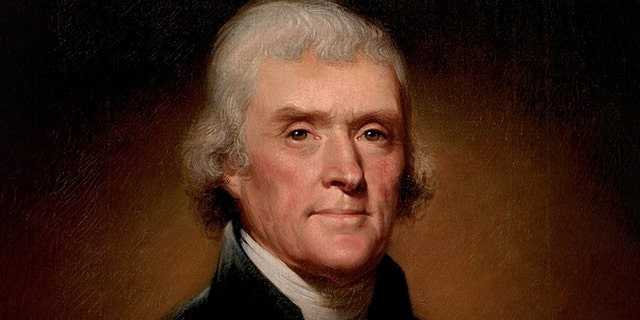 A cropped image of the official presidential portrait of Thomas Jefferson by Rembrandt Peale, Dec. 31, 1799.
