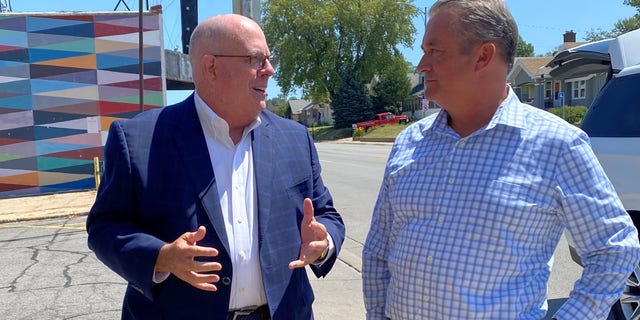 Republican Gov. Larry Hogan of Maryland with GOP Rep. Don Bacon of Nebraska, on August 10, 2022 in Omaha, Nebraska 