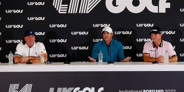 Pat Perez, Brooks Koepka and Patrick Reed speak during a press conference prior to the LIV Golf Invitational-Portland on June 28, 2022, in North Plains, Oregon.