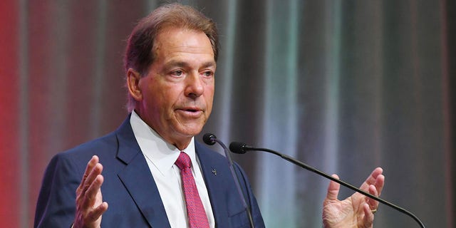 Nick Saban gestures during the SEC Football Kickoff Media Days on July 19, 2022, in Atlanta, Georgia.