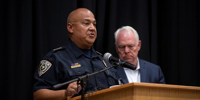 Uvalde Police Chief Pete Arredondo speaks at a press conference following the shooting at Robb Elementary School in Uvalde, Texas, U.S., May 24, 2022.