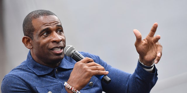 Deion Sanders, Jackson State University Head Football coach, speaks onstage during The Big Homecoming Event at Clark Atlanta University on June 17, 2022 in Atlanta, Georgia.