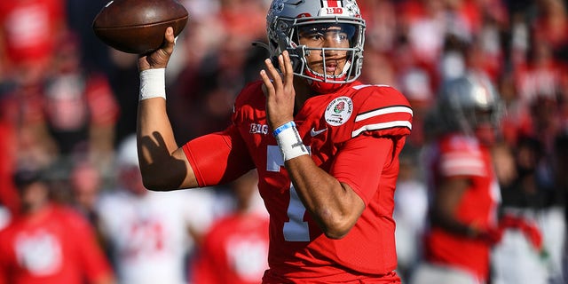 Ohio State Buckeyes quarterback C.J. Stroud throws a pass during the Rose Bowl against the Utah Utes in Pasadena, California, on Jan. 1, 2022.