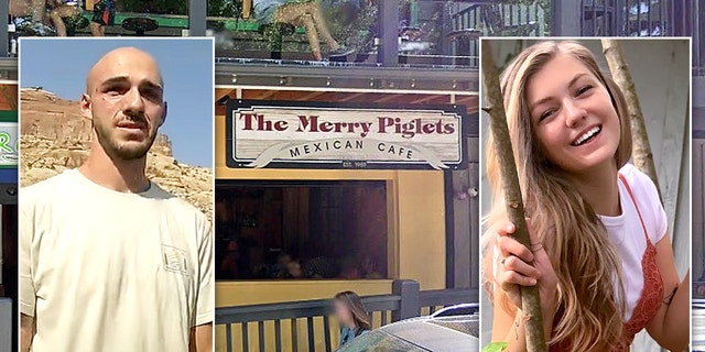 Photo Illustration of Brian Laundrie and Gabby Petito in front of The Merry Piglets Mexican Cafe, where she was last seen alive on Aug. 27. 2021.