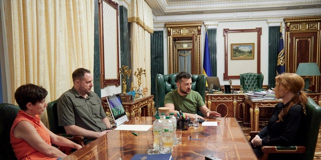 Hollywood actor Jessica Chastain attends a meeting with Ukraine's President Volodymyr Zelenskyy, as Russia's attack on Ukraine continues, in Kyiv, Ukraine August 7, 2022.