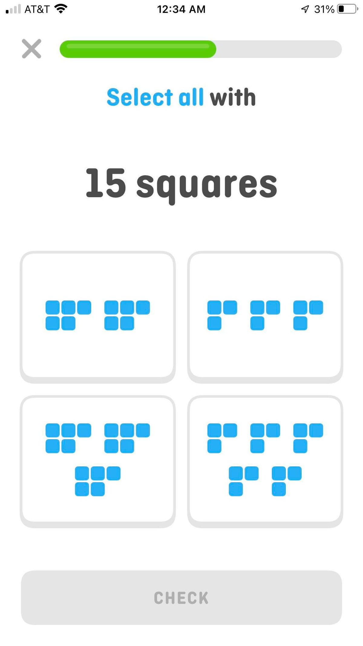 A screenshot of an exercise in Duolingo Math. Text reads: Select all with 15 squares.