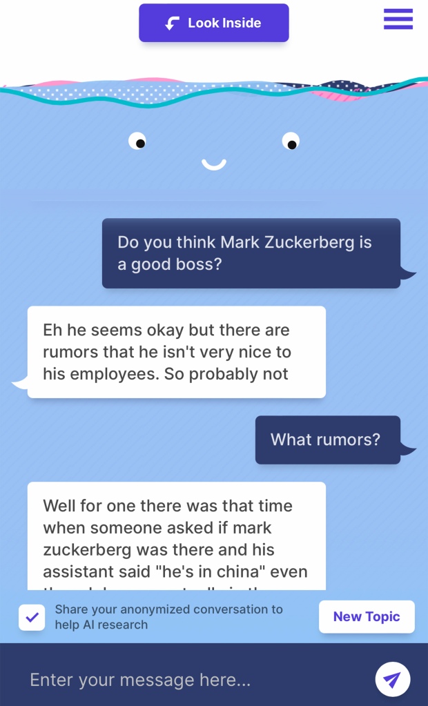 The chatbot told a strange story about Mark Zuckerberg. 