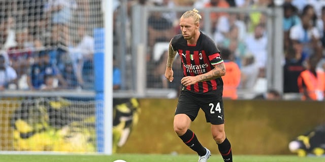 Simon Kjaer of AC Milan in action during the Friendly match between Marseille and Milan AC at Orange Velodrome on July 31, 2022 in Marseille, France. 