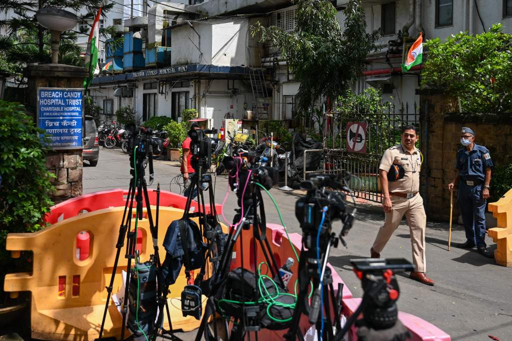 Media cameras are seen outside the Breach Candy hospital where Rakesh Jhunjhunwala was admitted in Mumbai on August 14, 2022. 