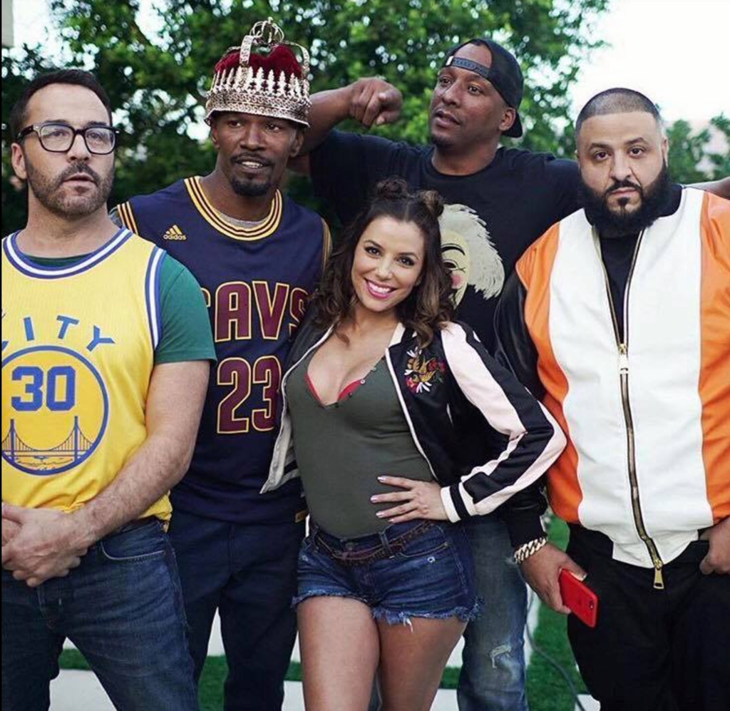 In "All-Star Weekend" Jeremy Piven (left) and Jamie Foxx play two NBA obsessed friends. Eva Longoria also stars in the comedy while DJ Khaled (right) makes a cameo. Above, the cast with producer Deon Taylor, who is between Foxx and DJ Khaled.