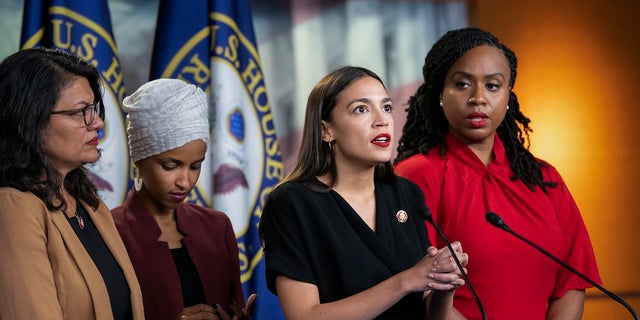 Members of the "Squad" are pictured in 2019, from left, Rep. Rashida Tlaib, D-Mich., Rep. Ilhan Omar, D-Minn., Rep. Alexandria Ocasio-Cortez, D-N.Y., and Rep. Ayanna Pressley, D-Mass.