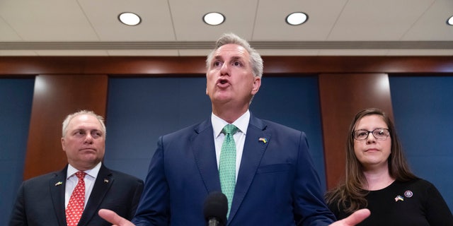 House Minority Whip Steve Scalise of La., left, House Minority Leader Kevin McCarthy of Calif., and Rep. Elise Stefanik, R-N.Y., speak with reporters after watching a speech by Ukrainian President Volodymyr Zelenskyy live-streamed into the U.S. Capitol, in Washington, Wednesday, March 16, 2022. 