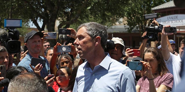 Democratic gubernatorial candidate Beto O'Rourke speaks to the press after he was kicked out for interrupting a news conference headed by Texas Gov. Greg Abbott in Uvalde, Texas Wednesday, May 25, 2022.