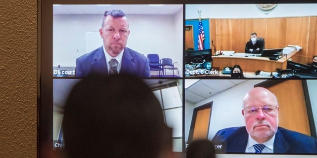 In this April 15, 2021, file photo defendants Paul Flores, top left, and his father, Ruben Flores, bottom right, appear via video conference during their arraignment in San Luis Obispo Superior Court in San Luis Obispo, Calif. 