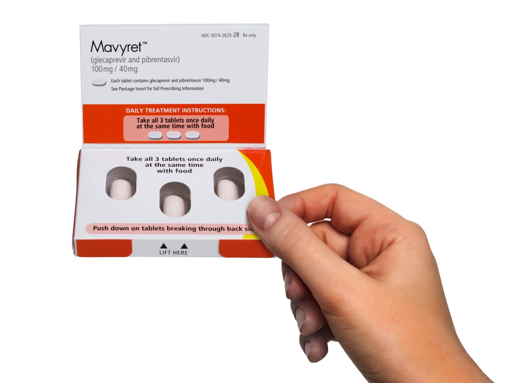 This photo provided by AbbVie shows the drug Mavyret for treatment of hepatitis C.