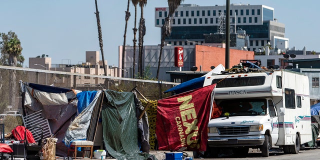 Homeless encampments block the street on an overpass of the Hollywood freeway in Los Angeles, in July 7, 2021. 