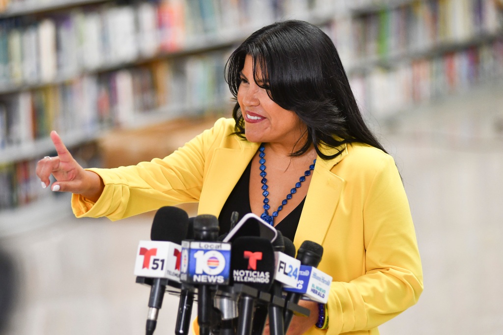Karla Hernández-Mats speaks with media after democratic gubernatorial candidate Rep Charlie Crist, D-Fla., announces Hernández-Mats as his running mate at Hialeah Middle School in Hialeah, Florida Saturday Aug. 27, 2022. 